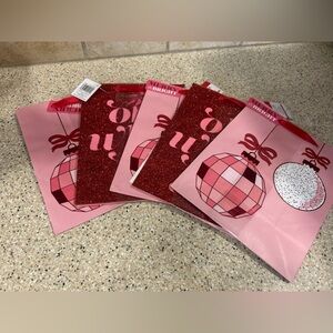 5- 2pks Pink & Red Glitter Holiday Gift Bags - Disco ornament/oh what fun